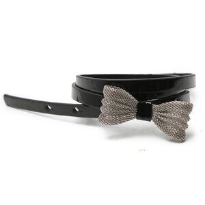 Faux Patent Leather Skinny Belt Metal Bow Mesh Black Glossy Party Y2K Retro